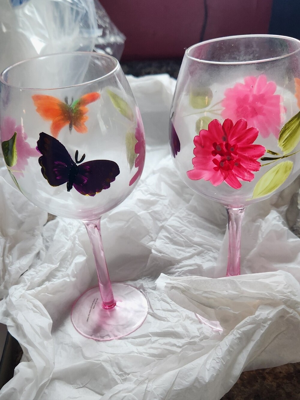 Hand-Painted Pink Stem Wine Glasses (Plus 1 Free), Floral & Butterfly Design